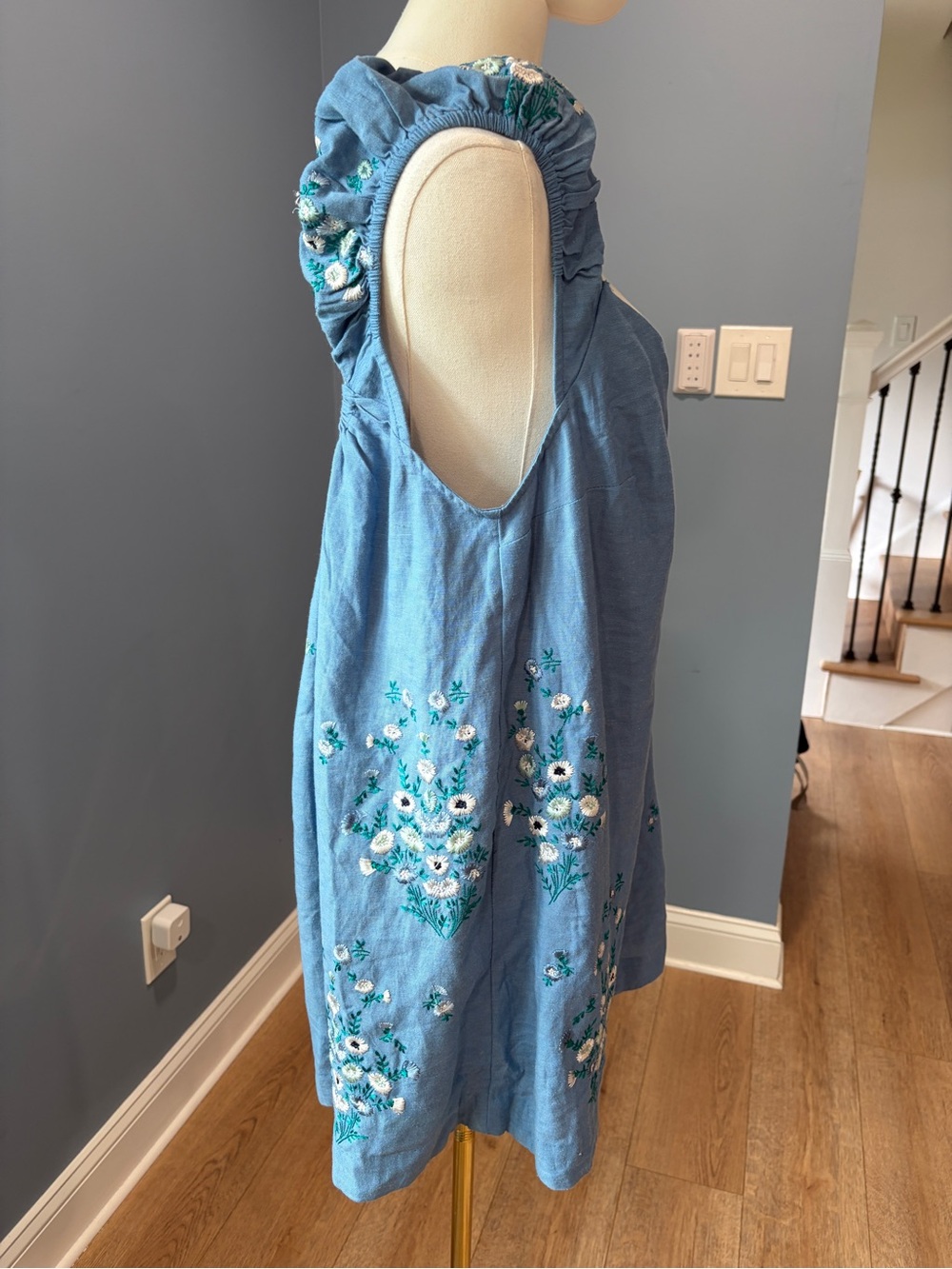 Free People Wildflower Embroidered Mini Dress Copen Blue Linen Blend Medium - Picture 5 of 10